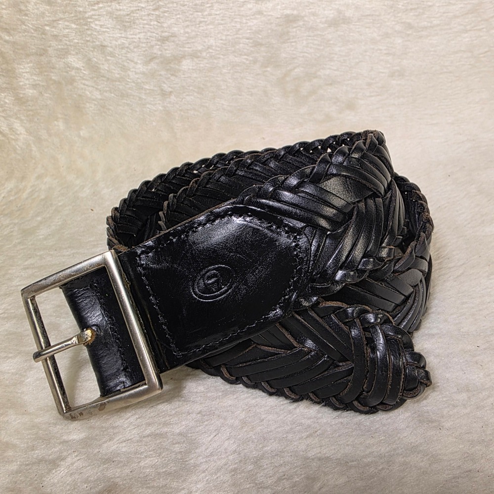 VTG Etienne Aigner Woven Leather Belt Wide Black Braided Silver Buckle Womens XL